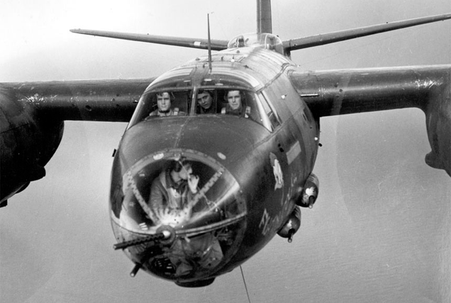 A closeup photo of the crew of the B-26B Marauder “Fightin’ Cock.” The bomber was lost to a landing accident in August 1944 after sustaining battle damage during a mission to France.